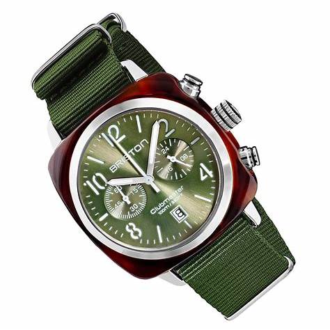 BRISTONBriston Clubmaster Classic Chronograph 40mm Rose Gold Green Dial Green NATO Strap 19140.PRA.T.26.NOLWATCHESEcecile
