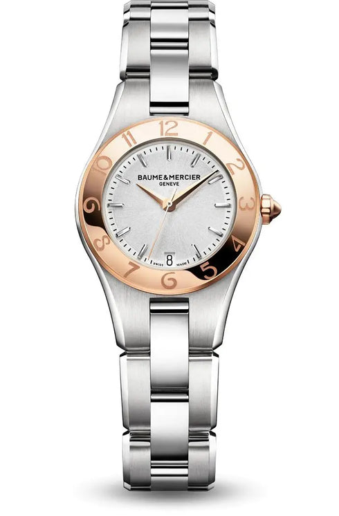 Baume & Mercier Linea MOA10014 Orologio al quarzo da donna - Quadrante argento, lunetta in oro rosa 18 carati, bracciale in acciaio inossidabile