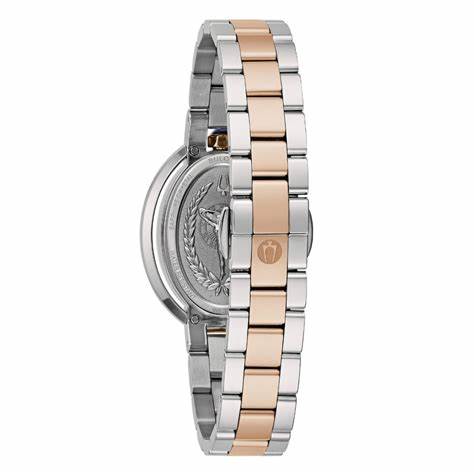 Bulova 98L322 Rubaiyat Damenuhr - Perlmutt-Zifferblatt, zweifarbiges Edelstahlarmband