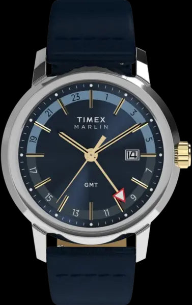Timex TW2Y47900 Men’s Marlin GMT 40mm Blue Dial Leather Strap Watch