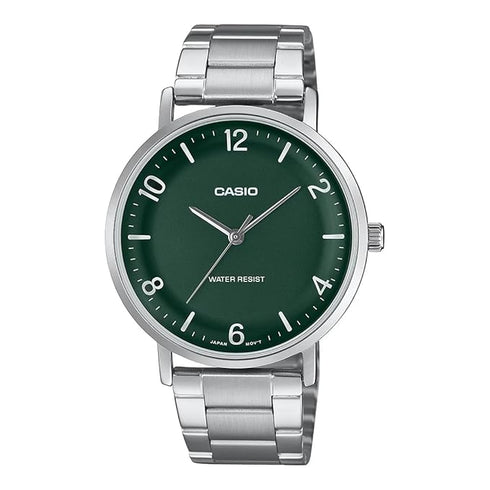 CASIO & VINTAGECasio MTP - VT03D - 3BDF Men's Watch – Green Dial, Stainless Steel Band, 40mmWATCHESEcecile