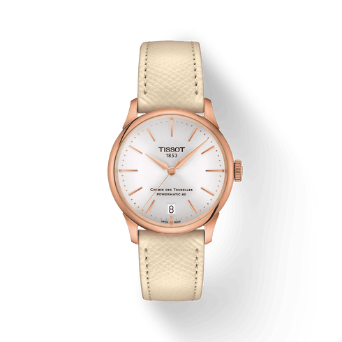 TISSOTTissot Chemin des Tourelles Powermatic 80 Women's Watch T1392073603100 - 34mm Rose Gold PVD Case, Silver Dial, Cream Leather StrapWATCHESEcecile