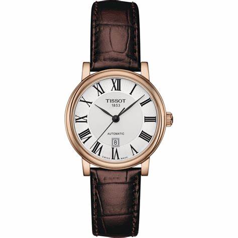 TISSOTTissot Carson Premium Automatic Lady Women's Watch - Silver Dial, Rose Gold PVD Case, Brown Leather StrapWATCHESEcecile