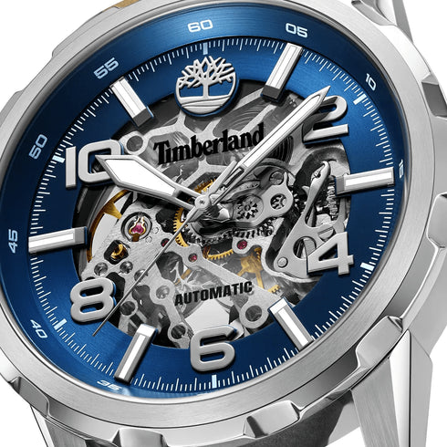 TIMBERLANDTimberland Montville Automatic Skeleton Men's Watch TDWGE0041801 – Silver - Tone Case, Blue Skeleton Dial, Brown Leather StrapWATCHESEcecile