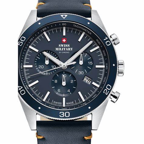 SWISS MILITARY: Swiss Military SM34079 - 05 Men's Analog Quartz Chronograph Watch - Stainless Steel with Blue DialWATCHESEcecile
