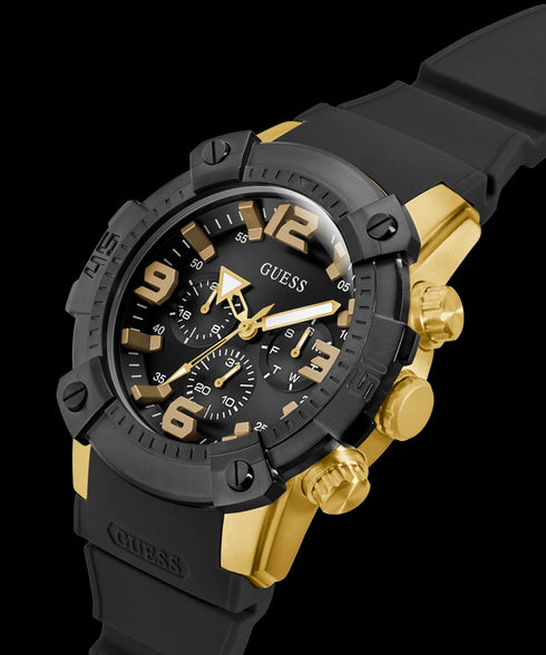 Guess Linebacker GW0911G3 Men’s 52 mm Quartz Chronograph – Black Dial, Gold-Tone Case, Silicone Strap, 5 ATM