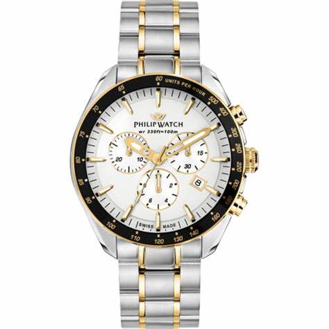 Philip Watch Blaze R8273995016 Orologio cronografo da uomo - Acciaio inossidabile, quadrante bianco, inserti in oro