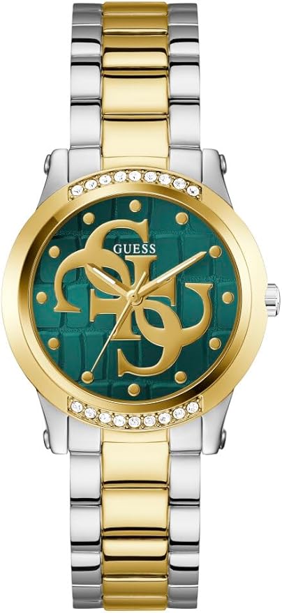 Guess Annette GW0861L4 Women’s 36 mm Two‑Tone Quartz Watch – Green Dial, Crystal Bezel, Recycled Steel