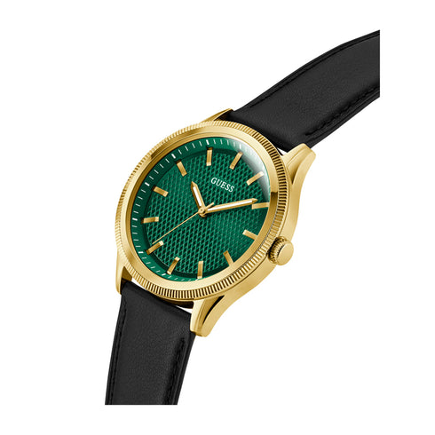 Guess Dex GW0846G1 Men's 44 mm Analog Watch – Gold-Tone Case, Green Textured Dial, Black Leather Strap