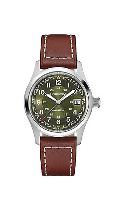 Hamilton Khaki Field Auto H70455560 - 38mm Cadran vert, bracelet cuir, autonomie 80h