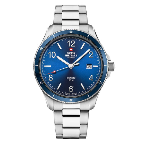 SWISS MILITARYSwiss Military SM34096.03 Men's Quartz Watch - Stainless Steel with Blue Dial, 50M Water ResistanceWATCHESEcecile