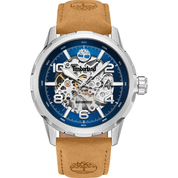TIMBERLANDTimberland Montville Automatic Skeleton Men's Watch TDWGE0041801 – Silver - Tone Case, Blue Skeleton Dial, Brown Leather StrapWATCHESEcecile