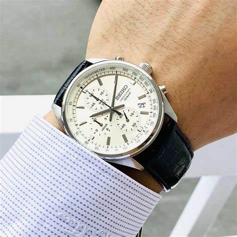 SEIKOSeiko SSB383P1 Men's Quartz Chronograph Watch - Cream Dial, Black Leather StrapWATCHESEcecile