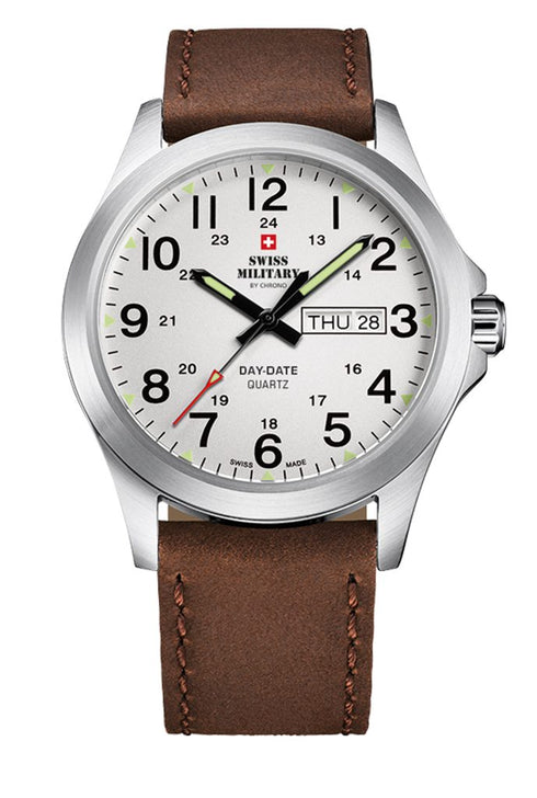 Swiss Military SMP36040.16 Quarzuhr für Herren - Edelstahlgehäuse, weißes Zifferblatt, braunes Lederarmband