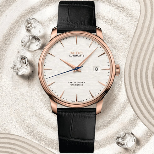 MIDOMido Baroncelli Chronometer M027.408.36.031.00 Men's Watch - 40mm, Silver Dial, PVD Rose Gold Stainless Steel Case with Leather StrapEYEWEAREcecile
