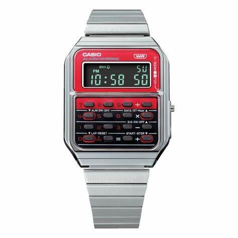 CASIO & VINTAGECasio Vintage CA - 500WE - 4BEF Unisex Watch - Calculator, Red Dial, Stainless Steel BraceletWATCHESEcecile