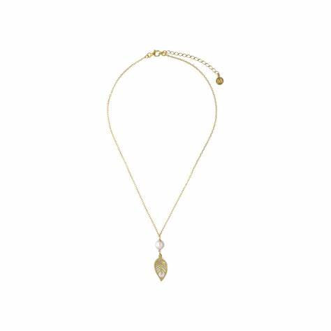 Majorica Dafne Necklace 16630.01.1.000.010.1 – 925 Silver, 18K Gold Plated, 8mm White Pearl, Leaf Pendant