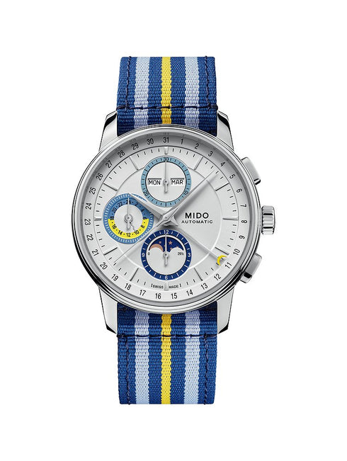 Mido Baroncelli Chronograph Moonphase M027.625.17.031.00 Montre Homme Automatique - Cadran argenté, bracelet cuir bleu