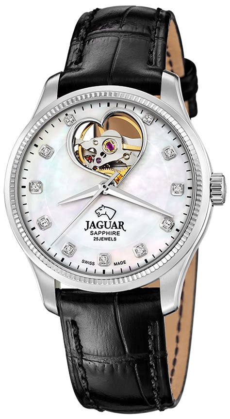Jaguar Classic Open Heart Automatic J994/A Damenuhr - Edelstahlgehäuse, Perlmutt-Zifferblatt, schwarzes Lederarmband