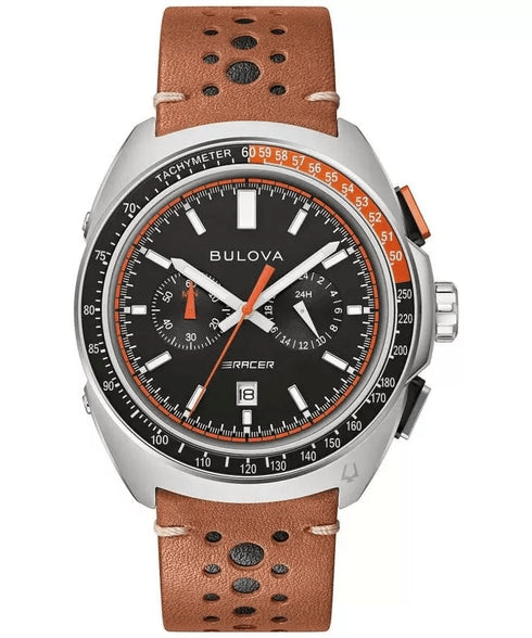 BULOVABulova 98B427 Men's Racer Chronograph Watch - Silver - Tone Case, Black Dial, Brown Leather StrapWATCHESEcecile