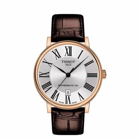 Reloj Tissot Carson Premium Powermatic 80 Hombre - Esfera plateada, caja de PVD oro rosa, correa de piel marrón