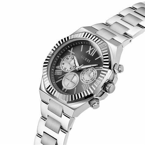 Guess Equity GW0703G1 Men’s 44 mm Quartz Multifunction Watch – Black Sunray Dial, Silver Recycled‑Steel Bracelet, 50 m