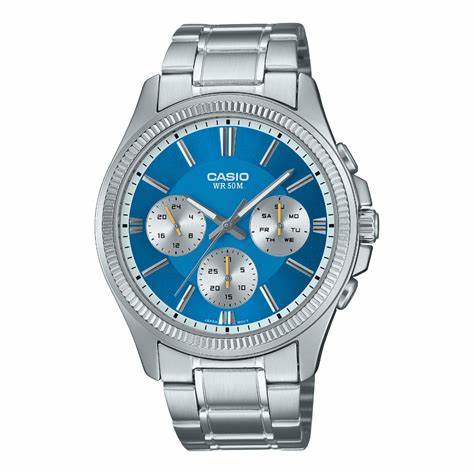 CASIO & VINTAGECasio MTP - 1375PD - 2A2VEF Men's Analog Watch – Blue Dial, Stainless Steel Bracelet, Day - Date DisplayWATCHESEcecile
