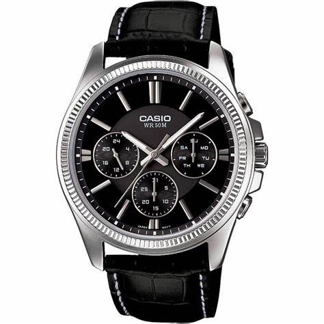 CASIO & VINTAGECasio MTP - 1375L - 1AVDF Men's Analog Watch – Black Dial, Leather Strap, Day - Date DisplayWATCHESEcecile