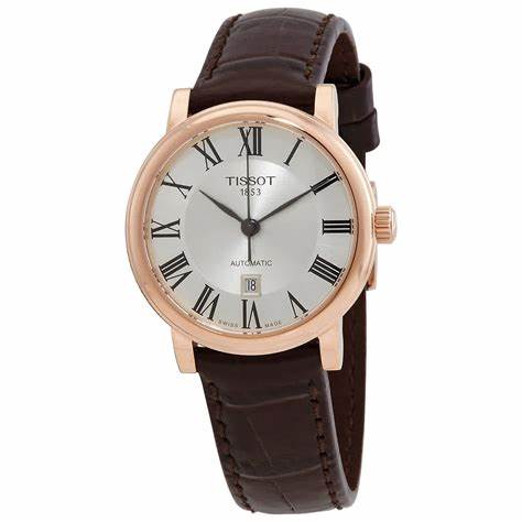 TISSOTTissot Carson Premium Automatic Lady Women's Watch - Silver Dial, Rose Gold PVD Case, Brown Leather StrapWATCHESEcecile