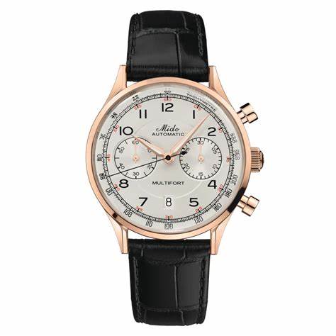 Mido Multifort Patrimony Chronograph M040.427.36.262.00 Montre automatique pour homme - boîtier en PVD or rose, cadran ivoire, bracelet en cuir noir