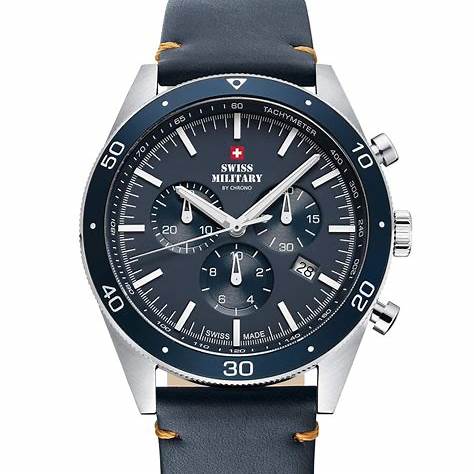 SWISS MILITARY: Swiss Military SM34079 - 05 Men's Analog Quartz Chronograph Watch - Stainless Steel with Blue DialWATCHESEcecile