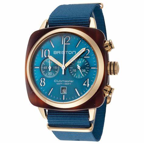 BRISTONBriston Clubmaster Classic Chronograph 40mm Gold Acetate Blue Dial Blue NATO Strap 19140.PYA.T.31.NBDWATCHESEcecile