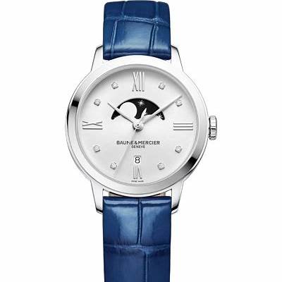 Baume & Mercier Classima MOA10329 Reloj de Cuarzo Fases de la Luna para Mujer - Esfera plateada, correa de aligátor azul