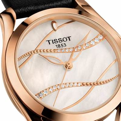 Tissot T-Wave T1122103611100 Damenuhr - Perlmutt-Zifferblatt, Rose Gold PVD Gehäuse, schwarzes Lederarmband