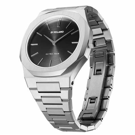 D1 Milano Ultra Thin Silver Night UTBL05 Damenuhr - Silberner Edelstahl, schwarzes Zifferblatt, 34mm