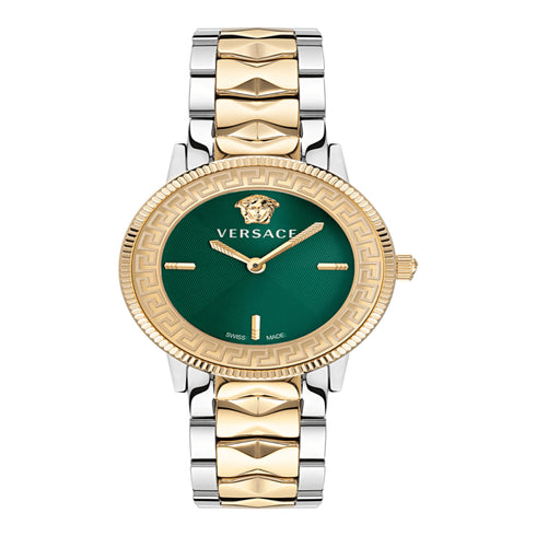 Versace V-Tribute VE2P00522 Women's Swiss Quartz Watch - Two-Tone Stainless Steel Bracelet, Green Guilloché Dial, 36mm