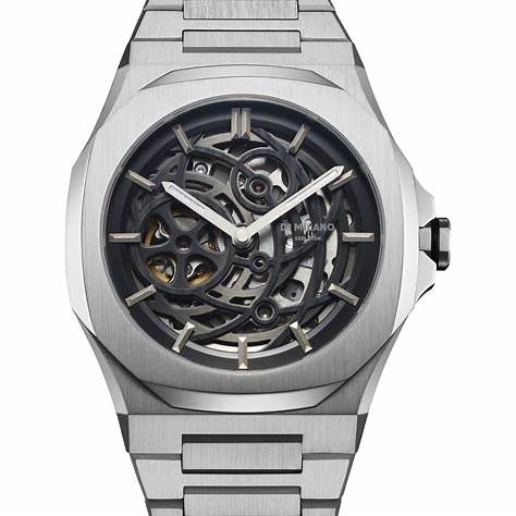 D1 Milano SKBJ10 Silberne skelettierte Automatikuhr - 41,5 mm Edelstahlgehäuse, skelettiertes Zifferblatt