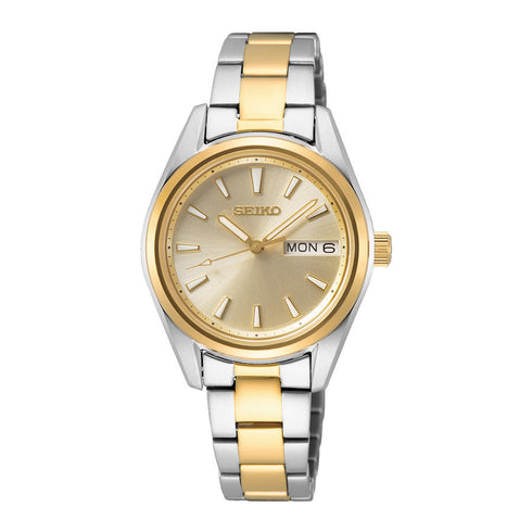 Seiko SUR354P1 Women’s Two-Tone Quartz Watch – Gold Dial, 30 mm