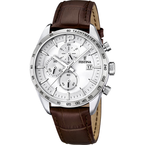 Festina F16760/1 Men’s Timeless Chronograph – Silver Dial, Brown Leather 43.5 mm
