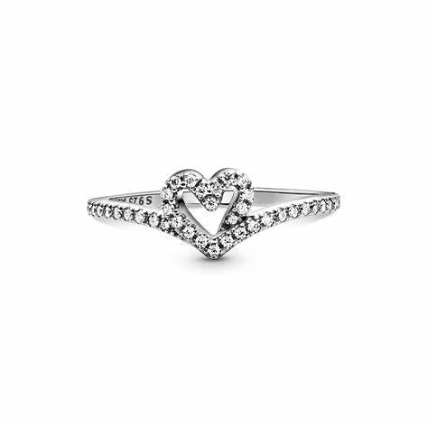 Pandora Sparkling Wishbone Heart Ring - Plata de ley con circonita cúbica, Tamaño 50