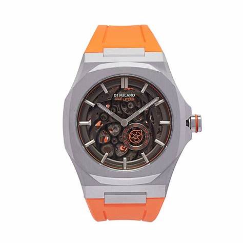 D1 MILANOD1 Milano Skeleton Slice Orange SKRJ16 Unisex Watch - Silver Stainless Steel, Skeleton Dial, Orange Rubber Strap, 41.5mmWATCHESEcecile