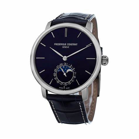 Frederique Constant Slimline Moonphase Manufacture FC-705N4S6 - Cadran bleu, boîte en acier, bracelet en cuir