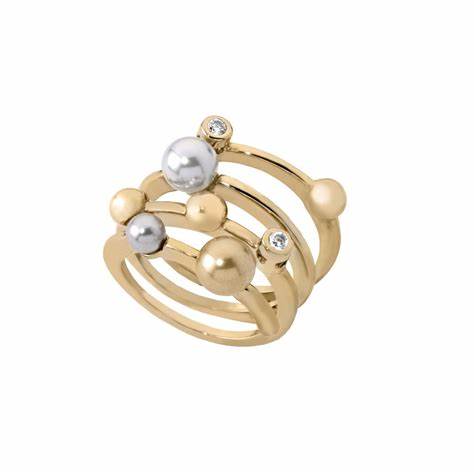Majorica Planet Ring 10554.34.1.915.010.1 – 925 Silver, 18K Gold Plated, White Pearls, Zirconia