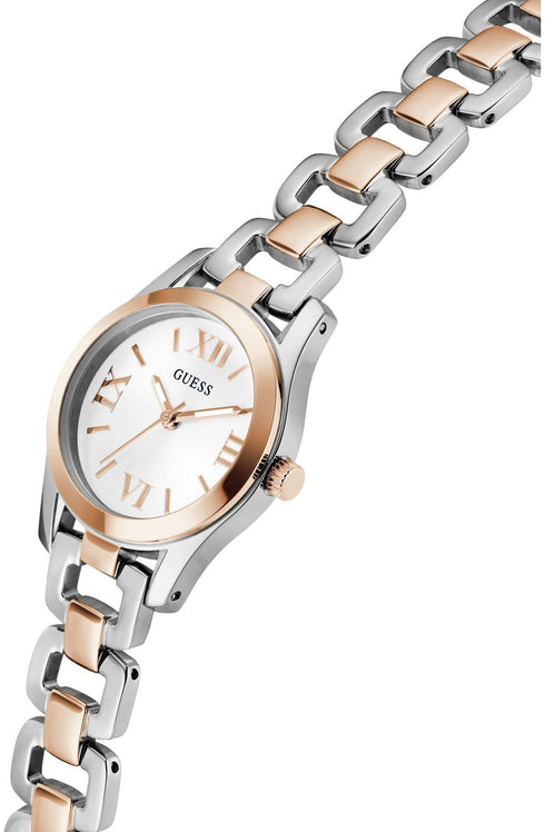 Guess GW0927L5 Ladies Two-Tone 28mm Quartz Watch – White Dial, Recycled Steel