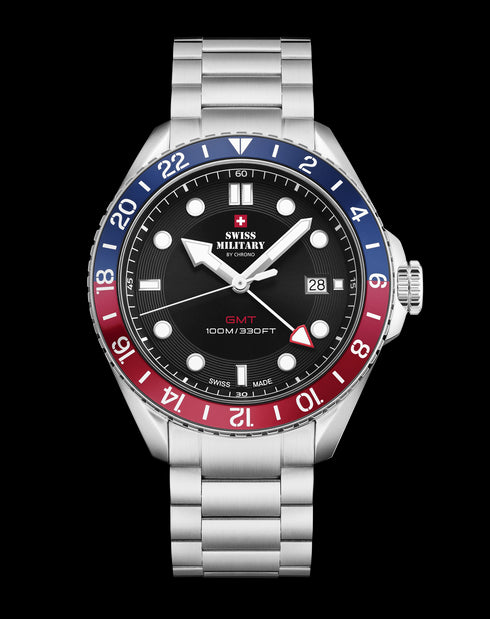 SWISS MILITARYSwiss Military SM34095.01 Men's GMT Quartz Watch - Stainless Steel with Black DialWATCHESEcecile