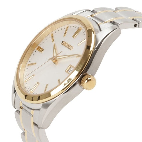 Reloj de cuarzo Seiko SUR312P1 para hombre: acero bicolor, esfera blanca y zafiro.
