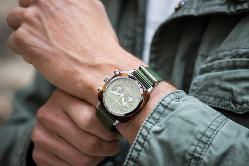 BRISTONBriston Clubmaster Classic Chronograph 40mm Gold Acetate Olive Green Dial Olive Green NATO Strap 19140.SA.T.26.NOLWATCHESEcecile