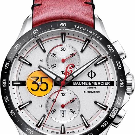 Baume & Mercier Clifton Club Indian Edizione Limitata MOA10404 Orologio cronografo automatico da uomo - Quadrante argento, cinturino in pelle rossa