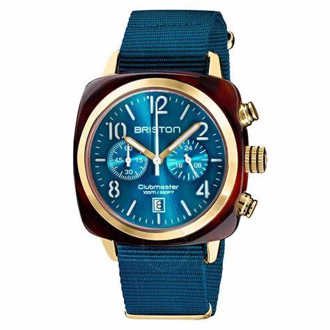 BRISTONBriston Clubmaster Classic Chronograph 40mm Gold Acetate Blue Dial Blue NATO Strap 19140.PYA.T.31.NBDWATCHESEcecile