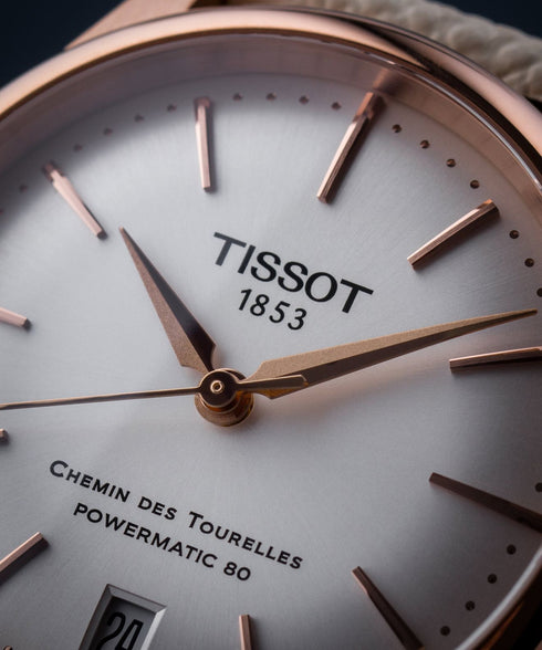 TISSOTTissot Chemin des Tourelles Powermatic 80 Women's Watch T1392073603100 - 34mm Rose Gold PVD Case, Silver Dial, Cream Leather StrapWATCHESEcecile